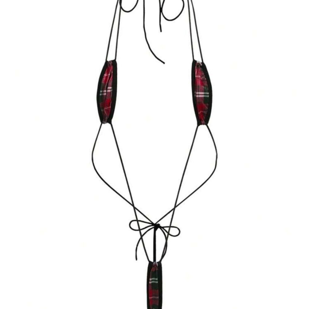 Plaid Micro String Bikini Set - Red - Picture 4 of 6